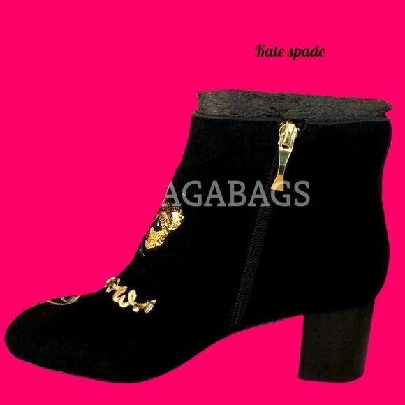 KATE SPADE NIB LIVERPOOL BLACK KID SUEDE ANKLE BOOTS SPARKLY EMBELLISHED SIZE 8M - Picture 10 of 13